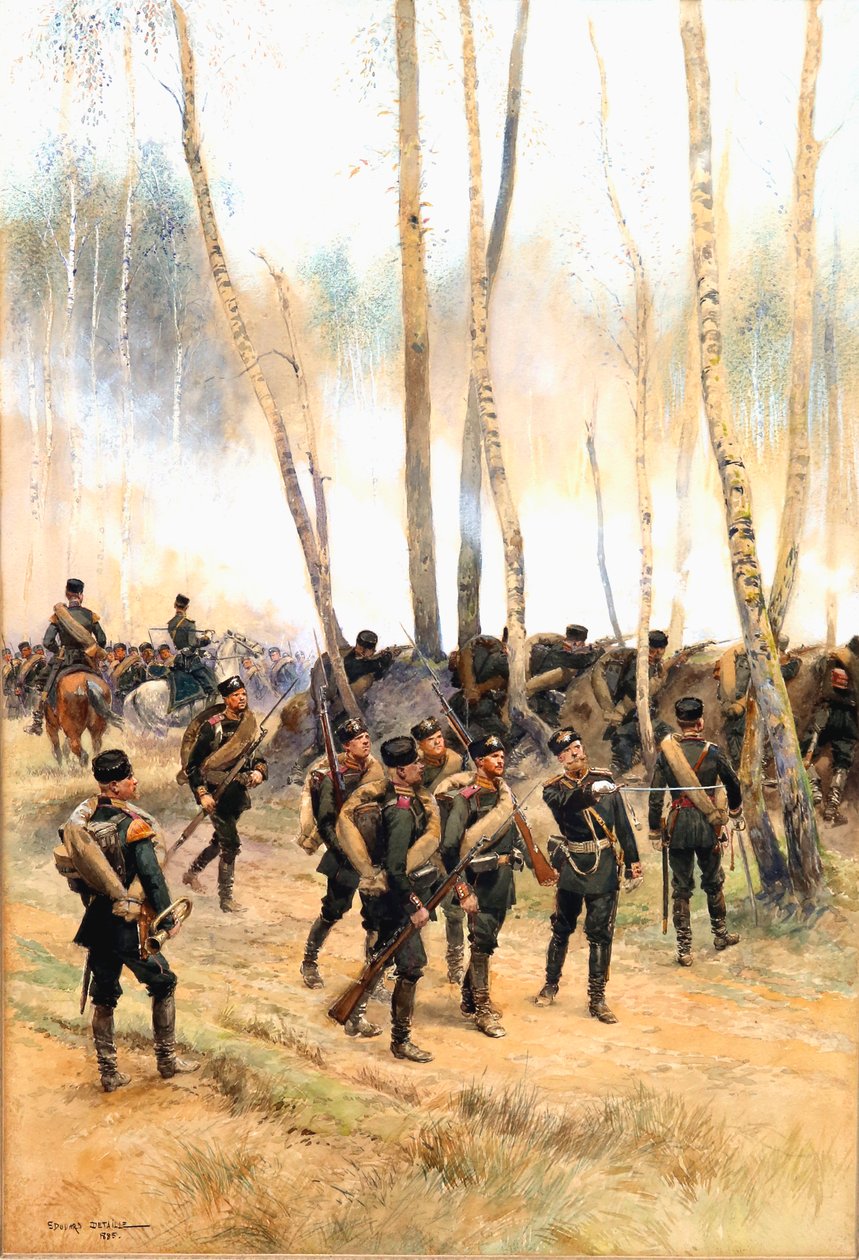 Soldat ved fronten, 1885 (wc, svart blekk og kroppsfarge på papir) av Jean Baptiste Edouard Detaille