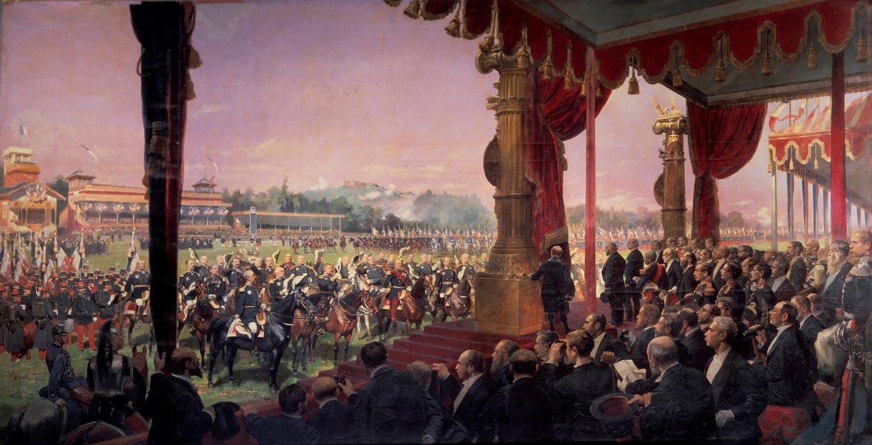 Utdeling av flagg på Longchamp av president Jules Grevy i nærvær av Leon Gambetta 14. juli 1880. Generaler hilser statsoverhodet, grupper rundt Marechal Canrobert. Maleri av Edouard Detaille (1848-1912) av Jean Baptiste Edouard Detaille