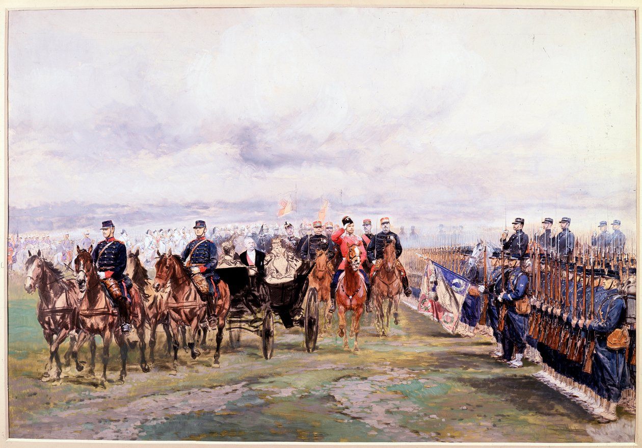 Tsar Nicolas gjennomgår troppene med Felix Faure i Chalon-sur-Marne under hans besøk i Frankrike, 9. oktober av Jean Baptiste Edouard Detaille