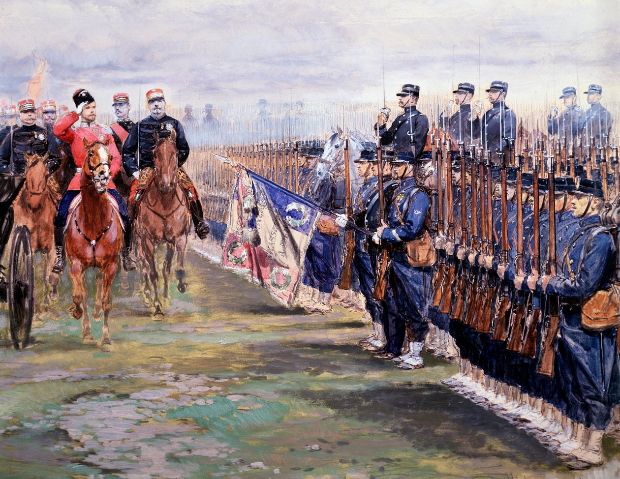 Tsar Nicolas gjennomgår troppene med Felix faure i Chalon-sur-Marne under sitt besøk i Frankrike, 9. oktober av Jean Baptiste Edouard Detaille