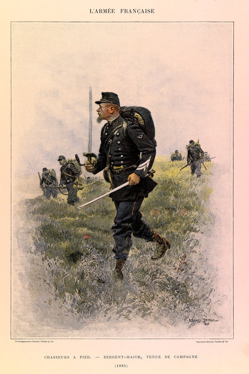 Typer og uniformer av kaptein Jules Richards franske Armee, illustrert av Edouard Detaille (1848-1912): Fotjegere: Sergeant Major in Field Dress in 1885, Private Collection av Jean Baptiste Edouard Detaille