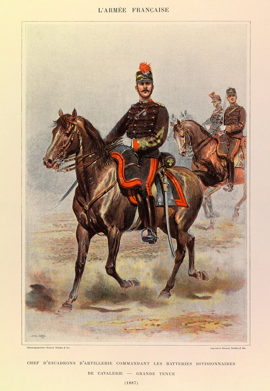 Typer og uniformer av den franske arméen til kaptein Jules Richard, illustrert av Edouard Detaille (1848-1912): Sjef for artilleriskvadronen som kommanderte divisjonskavaleribatteriene i stor kjole i 1887, privat samling av Jean-Baptiste Edouard Detaille