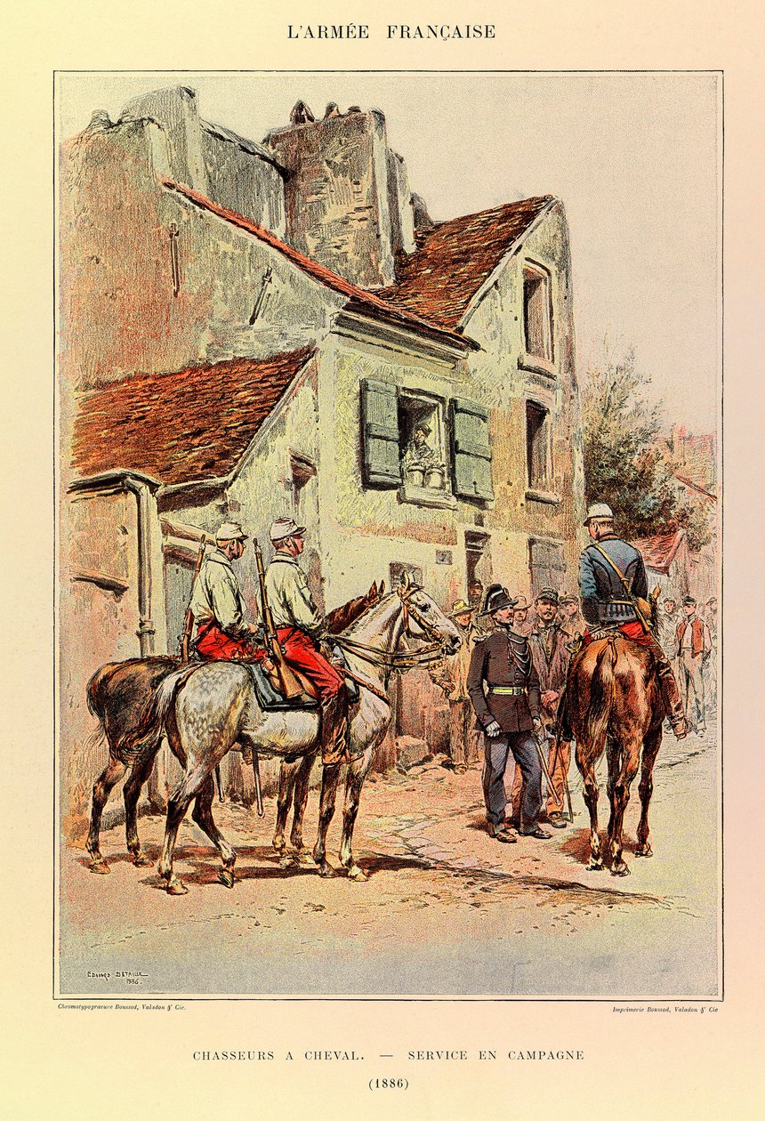 Typer og uniformer av den franske arméen til kaptein Jules Richard, illustrert av Edouard Detaille (1848-1912): Hunters a Horseback; Felttjeneste i 1886, privat samling av Jean Baptiste Edouard Detaille