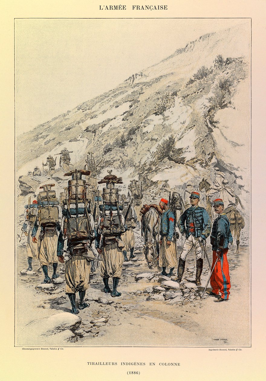 Typer og uniformer av den franske arméen til kaptein Jules Richard, illustrert av Edouard Detaille (1848-1912): Indigenes Tirailleurs in Column in 1886, Private Collection av Jean Baptiste Edouard Detaille