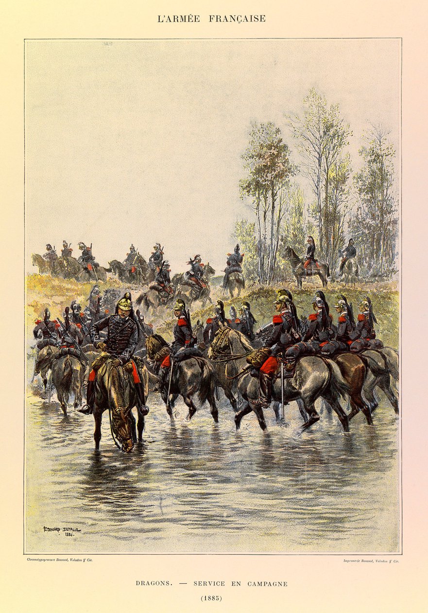 Typer og uniformer av den franske arméen til kaptein Jules Richard, illustrert av Edouard Detaille (1848-1912): Drager; Felttjeneste i 1885, privat samling av Jean Baptiste Edouard Detaille