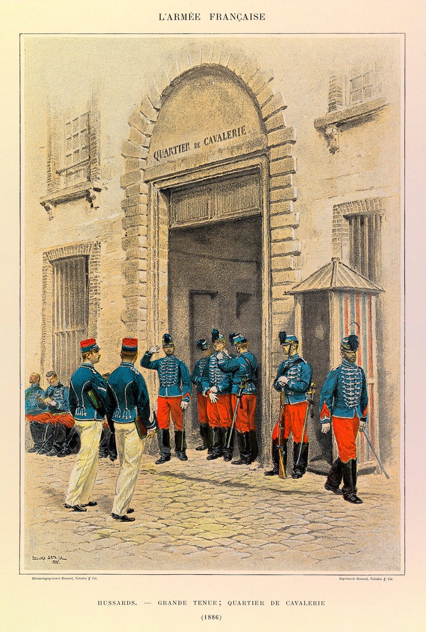 Typer og uniformer av den franske Armee av kaptein Jules Richard, illustrert av Edouard Detaille (1848-1912): Hussards in Great Dress; Kavaleridistriktet i 1886, privat samling av Jean Baptiste Edouard Detaille
