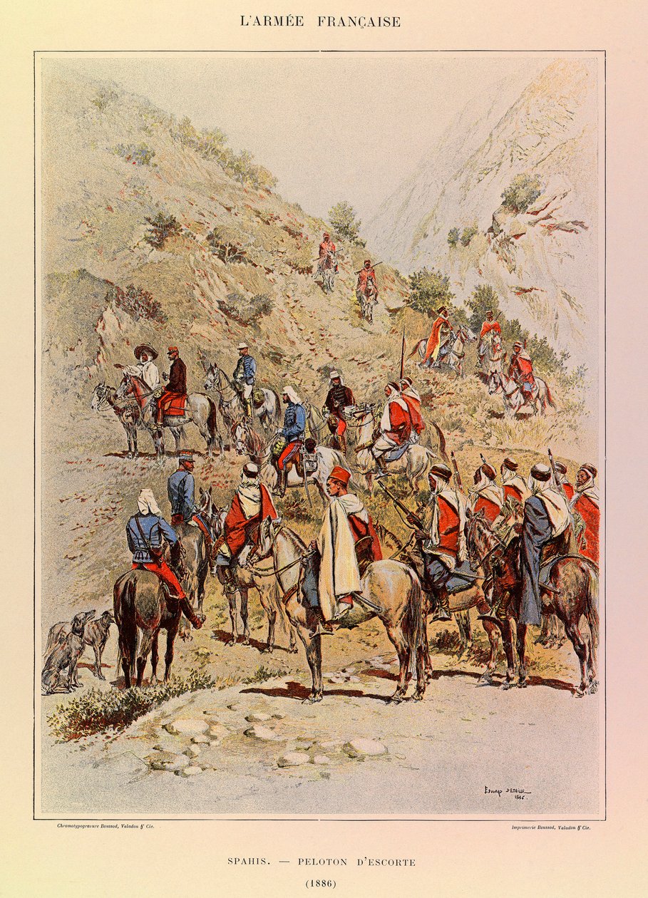 Typer og uniformer av den franske Armee av kaptein Jules Richard, illustrert av Edouard Detaille (1848-1912): Spahis; Eskortepluton i 1886, privat samling av Jean Baptiste Edouard Detaille