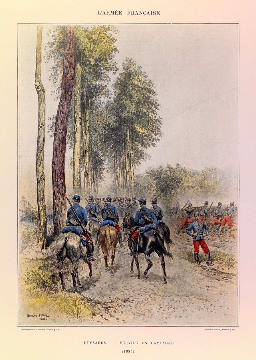 Typer og uniformer av den franske Armee av kaptein Jules Richard, illustrert av Edouard Detaille (1848-1912): Hussards; Felttjeneste 1885, Privat samling av Jean Baptiste Edouard Detaille
