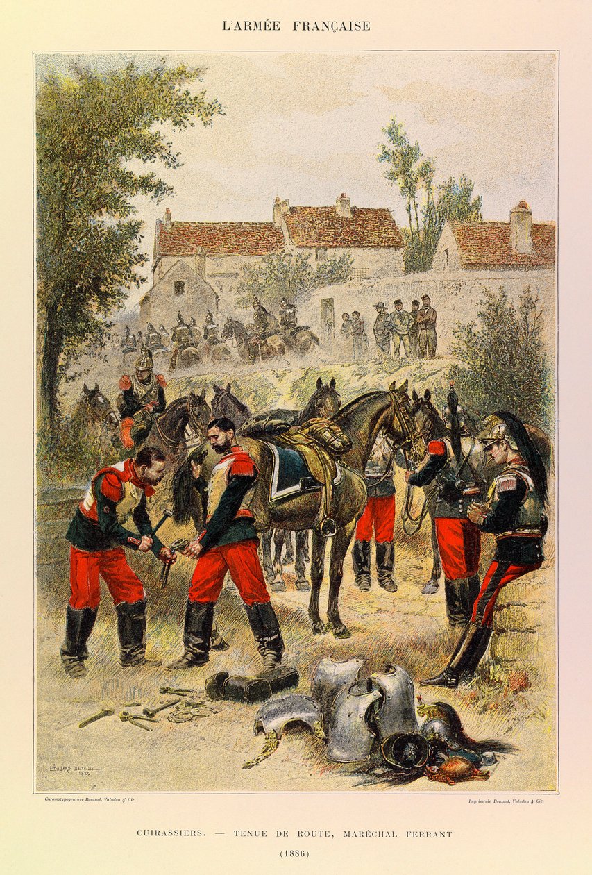 Typer og uniformer av den franske arméen til kaptein Jules Richard, illustrert av Edouard Detaille (1848-1912): Cuirassiers; Veihåndtering; Marechal Ferrant i 1886, privat samling av Jean Baptiste Edouard Detaille
