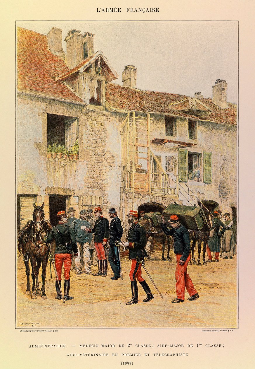 Typer og uniformer av den franske Armee av kaptein Jules Richard, illustrert av Edouard Detaille (1848-1912): Administrasjon: Medisin Major av 2, th Class; Aide Major av 1, ere Klasse; Veterinærhjelper førstemann og telegraf i 1887, privat samling av Jean-Baptiste Edouard Detaille