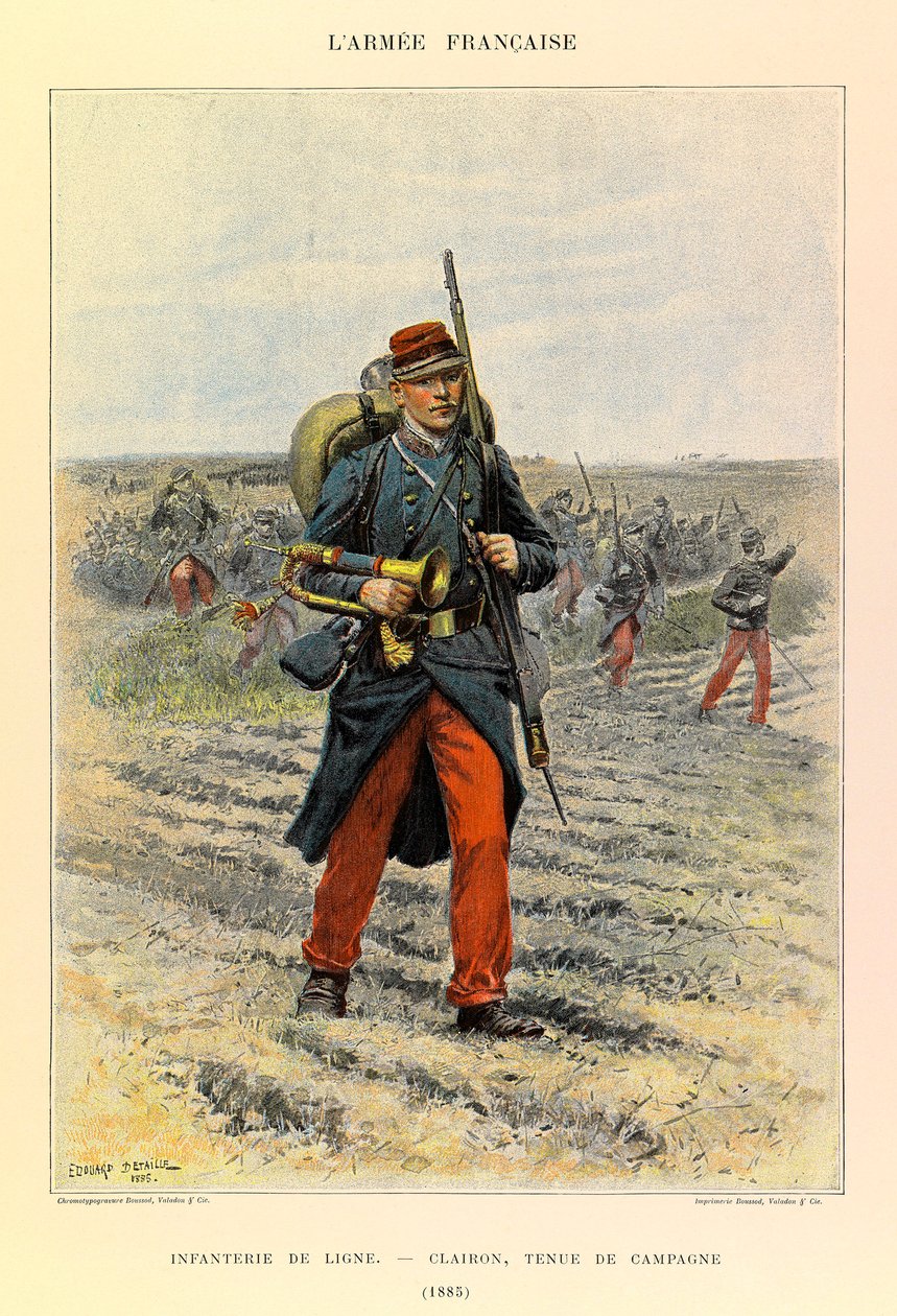 Typer og uniformer av den franske arméen til kaptein Jules Richard, illustrert av Edouard Detaille (1848-1912): Linjeinfanteri; Clairon i feltkjole i 1885, privat samling av Jean Baptiste Edouard Detaille