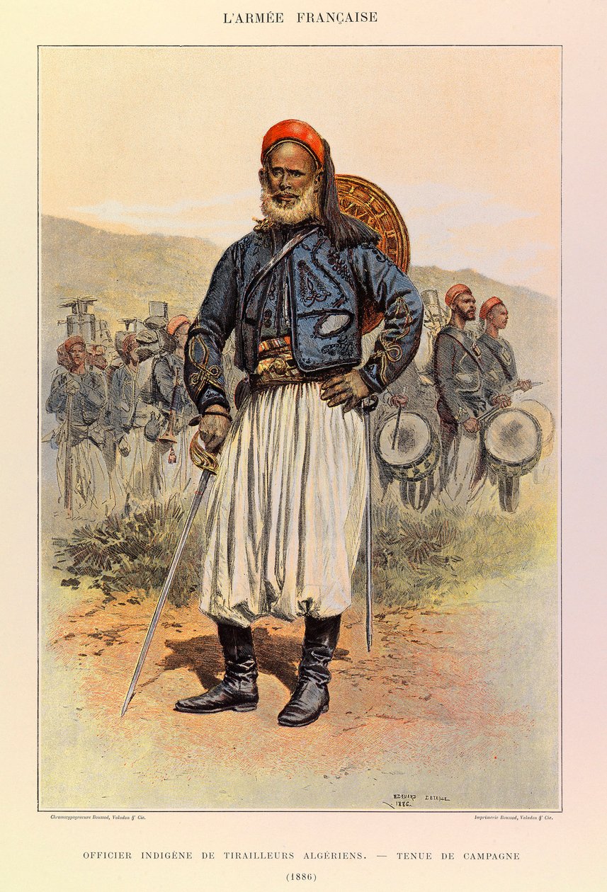 Typer og uniformer av den franske arméen til kaptein Jules Richard, illustrert av Edouard Detaille (1848-1912): Innfødt offiser for algeriske tuniorer i feltkjole i 1886, privat samling av Jean-Baptiste Edouard Detaille