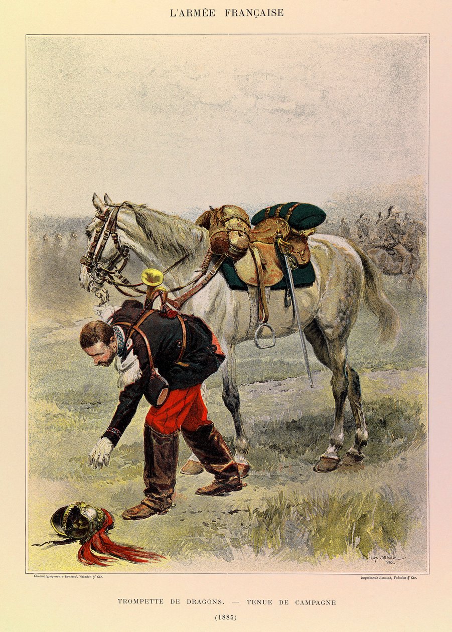 Typer og uniformer av den franske arméen til kaptein Jules Richard, illustrert av Edouard Detaille (1848-1912): Dragons Trumpet in Country Dress in 1885, Private Collection av Jean Baptiste Edouard Detaille