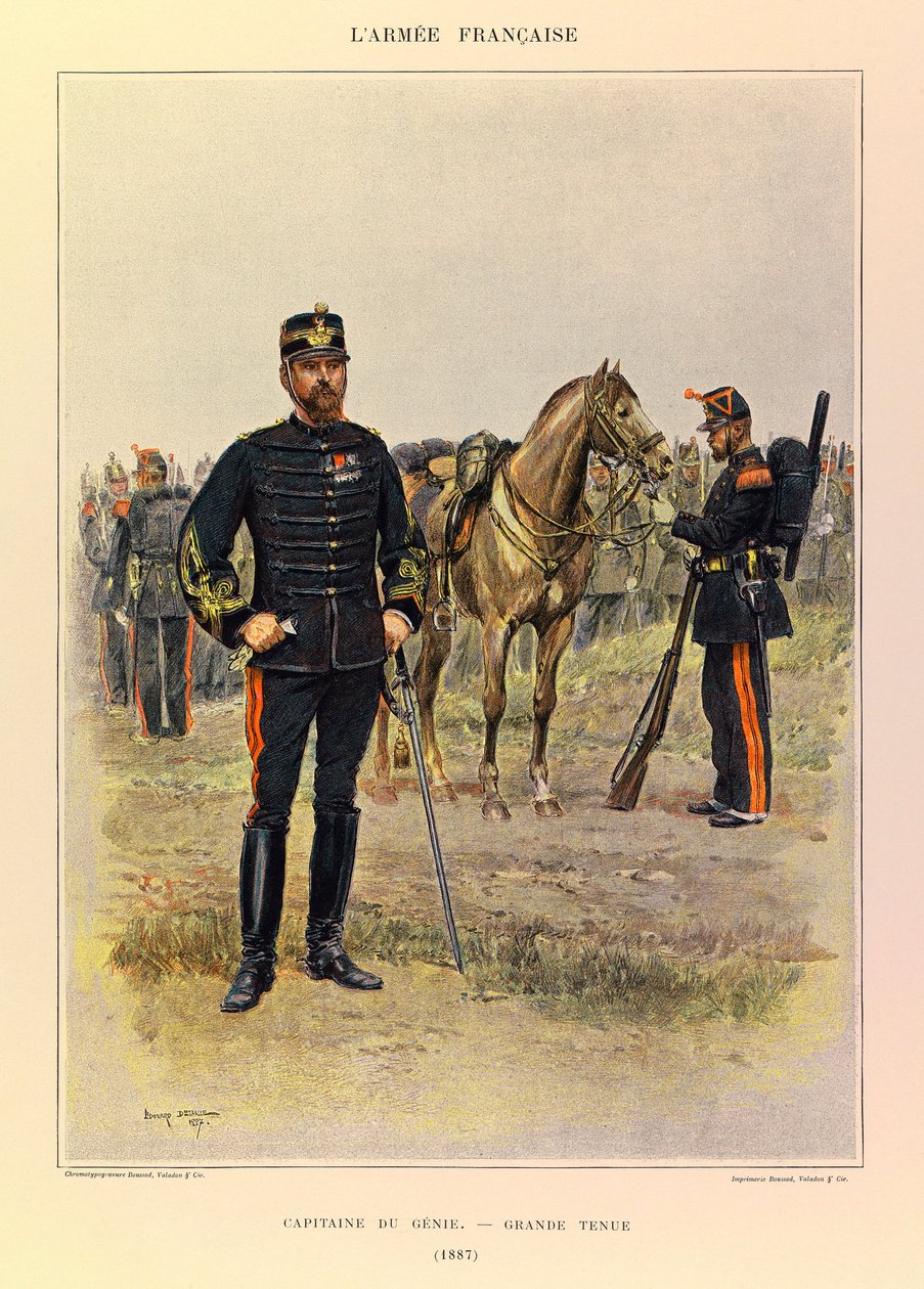 Typer og uniformer til den franske Armee of Captain Jules Richard, illustrert av Edouard Detaille (1848-1912): Captain of the Genie i flott antrekk i 1887, privat samling av Jean Baptiste Edouard Detaille