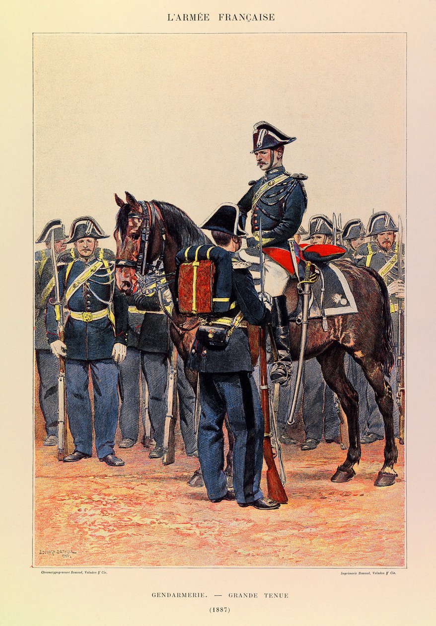 Typer og uniformer av den franske Armee of Captain Jules Richard, illustrert av Edouard Detaille (1848-1912): Gendarmerie en grande attire en 1887, Collection Partiale av Jean Baptiste Edouard Detaille