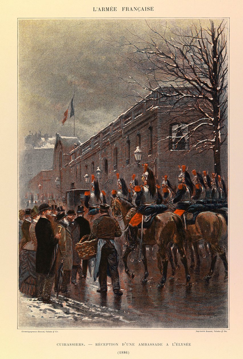 Typer og uniformer til den franske Armee of Captain Jules Richard, illustrert av Edouard Detaille (1848-1912): Cuirassiers: Mottakelse av en ambassade ved Elysee i 1886, privat samling av Jean Baptiste Edouard Detaille