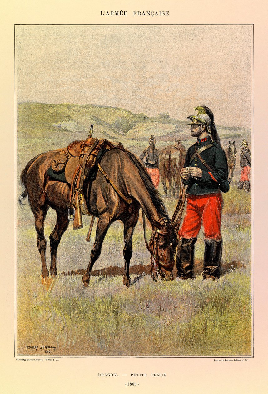 Typer og uniformer til den franske Armee of Captain Jules Richard, illustrert av Edouard Detaille (1848-1912): Drage i lite antrekk i 1885, Privat samling av Jean Baptiste Edouard Detaille