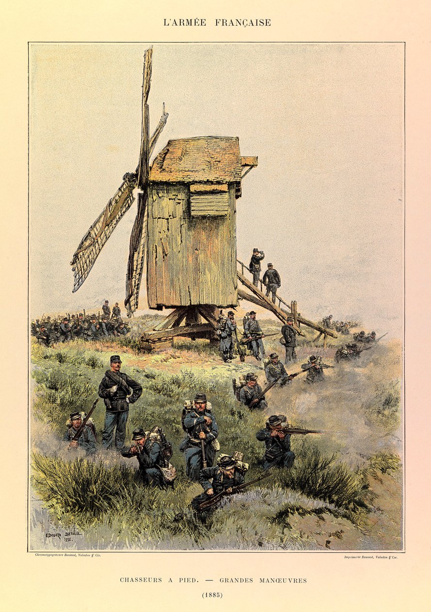 Typer og uniformer av den franske Armee av kaptein Jules Richard, illustrert av Edouard Detaille (1848-1912): Jegere til fots; de store manøvrene i 1885, Privatsamling av Jean Baptiste Edouard Detaille