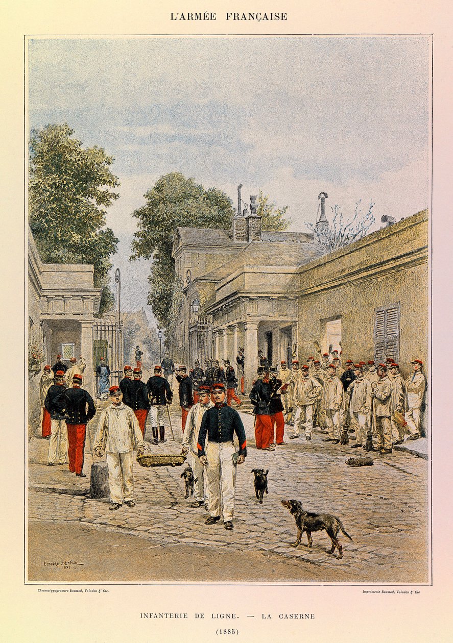 Typer og uniformer til den franske Armee of Captain Jules Richard, illustrert av Edouard Detaille (1848-1912): Linjeinfanteri: Brakkene i 1885, Privat samling av Jean Baptiste Edouard Detaille
