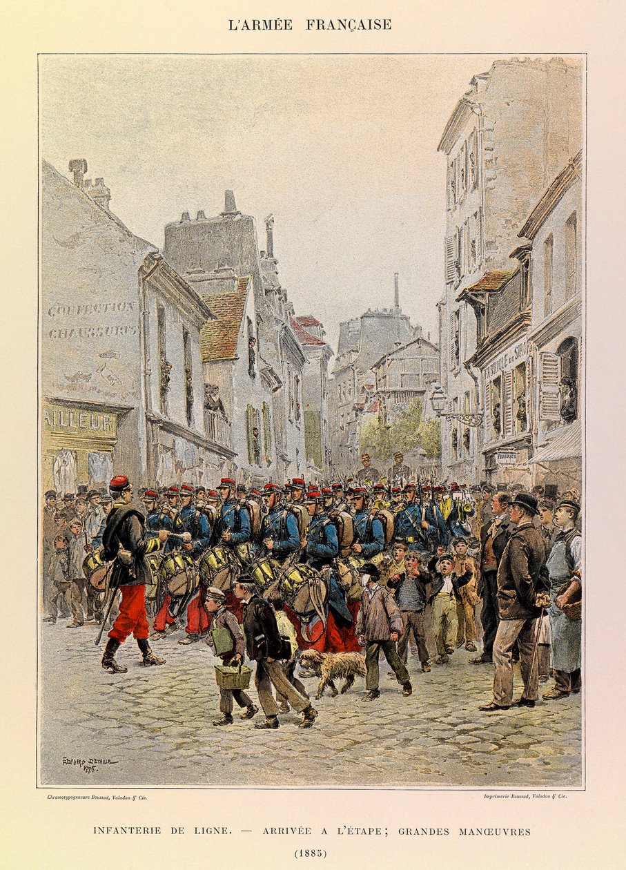 Typer og uniformer til den franske arméen til kaptein Jules Richard, illustrert av Edouard Detaille (1848-1912): Linjeinfanteri: Ankomst til scenen under de store manøvrene i 1885, Privat samling av Jean Baptiste Edouard Detaille