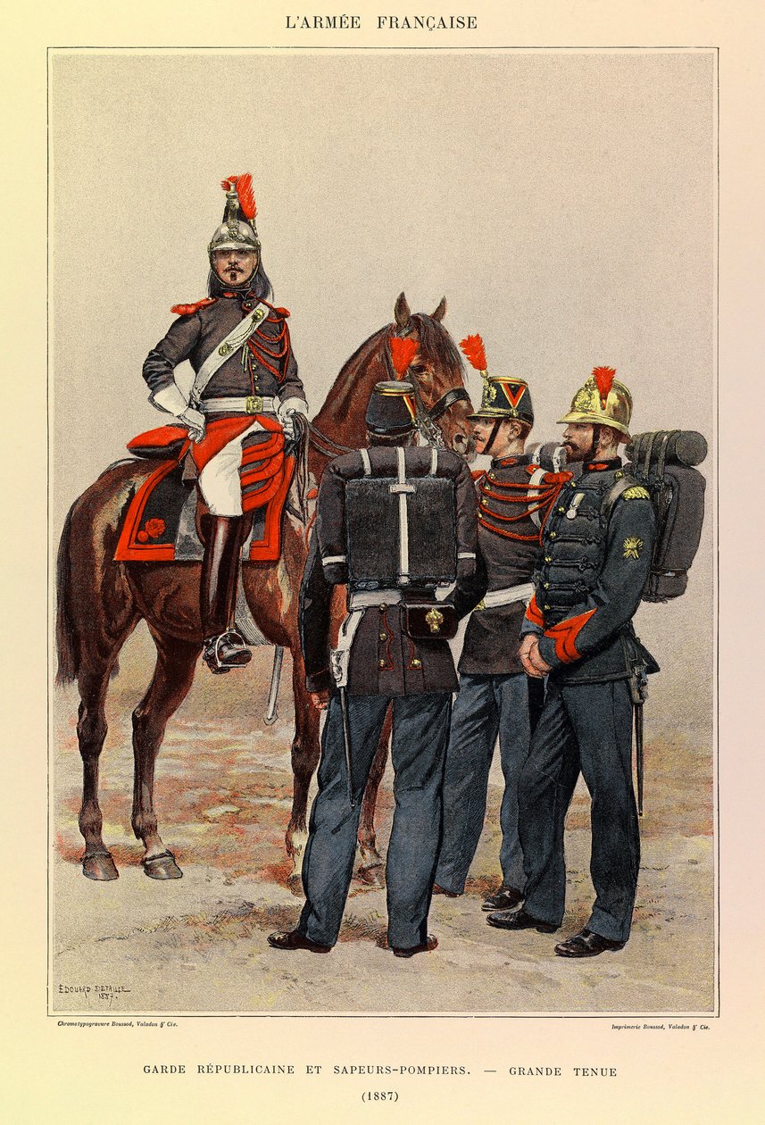 Typer og uniformer til den franske Armee of Captain Jules Richard, illustrert av Edouard Detaille (1848-1912): Republikanergarde og brannmenn i flott antrekk i 1887, privat samling av Jean Baptiste Edouard Detaille