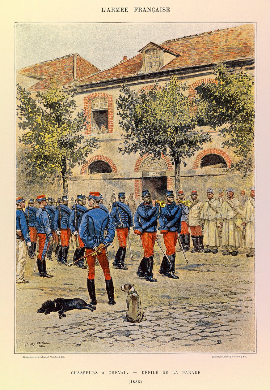 Typer og uniformer av den franske Armee av kaptein Jules Richard, illustrert av Edouard Detaille (1848-1912): Hunters a Horseback; Defile de la parade en 1886, Collection Partiale av Jean Baptiste Edouard Detaille