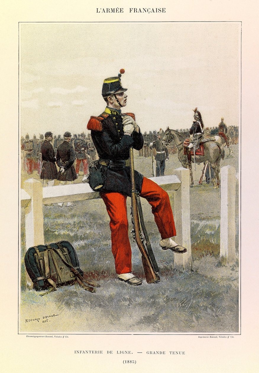 Typer og uniformer av den franske Armee av kaptein Jules Richard, illustrert av Edouard Detaille (1848-1912): Infantry de line en grande-style in 1885, Collection Partial av Jean Baptiste Edouard Detaille