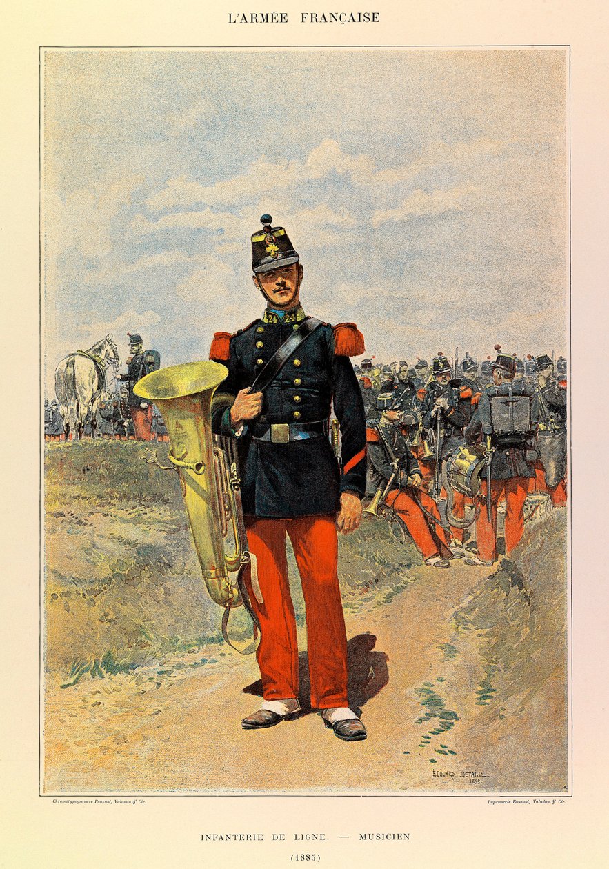 Typer og uniformer av den franske Armee av kaptein Jules Richard, illustrert av Edouard Detaille (1848-1912): Linjeinfanteri: Musiker i 1885, Privat samling av Jean Baptiste Edouard Detaille