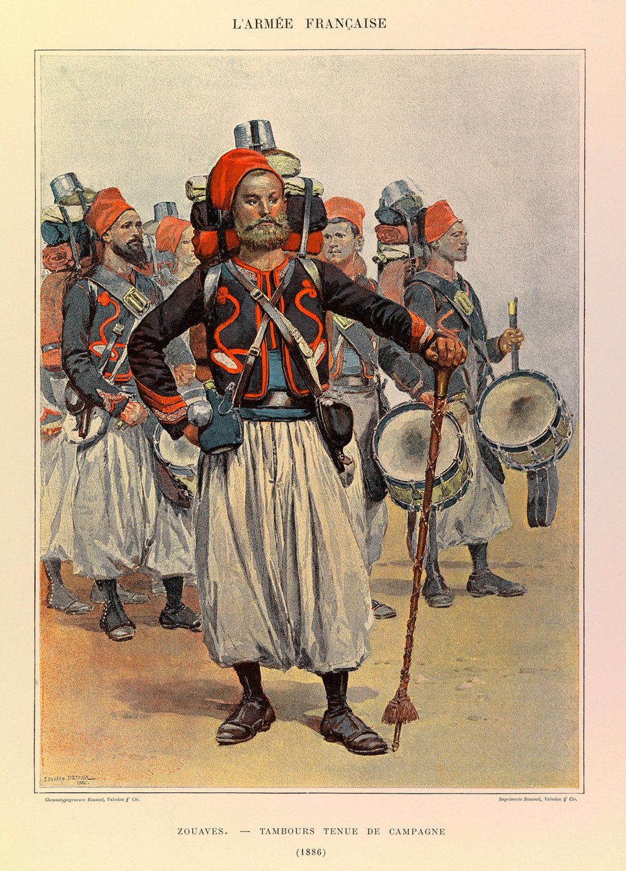 Typer og uniformer til den franske Armee of Captain Jules Richard, illustrert av Edouard Detaille (1848-1912): Zouaves: Drum in Country Dress in 1886, Private Collection av Jean Baptiste Edouard Detaille