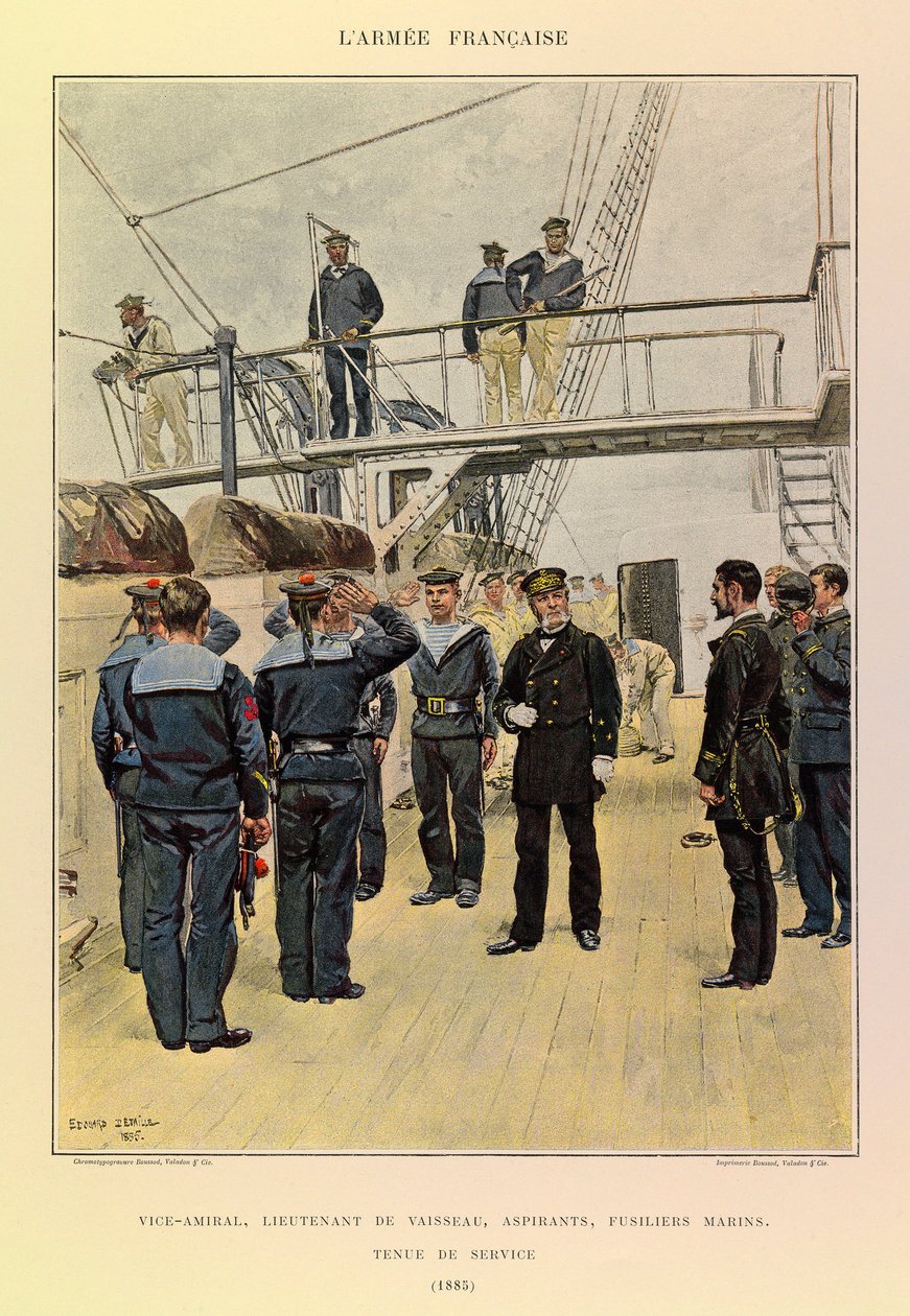 Typer og uniformer av den franske arméen til kaptein Jules Richard, illustrert av Edouard Detaille (1848-1912): Sjøforsvaret: viseadmiral, skipsløytnant, aspiranter, marinerifler i tjenestedrakt i 1885, privat samling av Jean Baptiste Edouard Detaille
