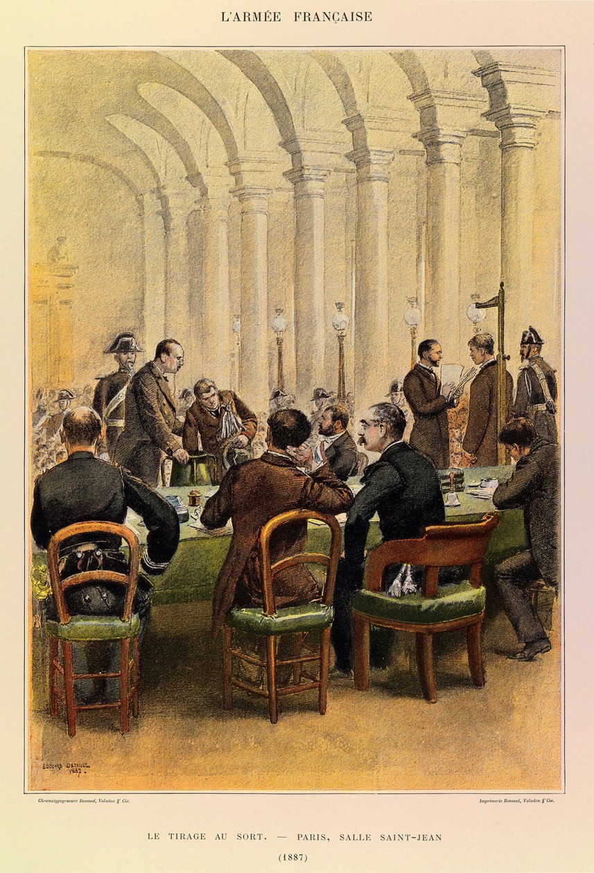 Typer og uniformer til den franske Armee of Captain Jules Richard, illustrert av Edouard Detaille (1848-1912): Trekningen i Paris, Salle Saint Jean i 1887, Privat samling av Jean Baptiste Edouard Detaille