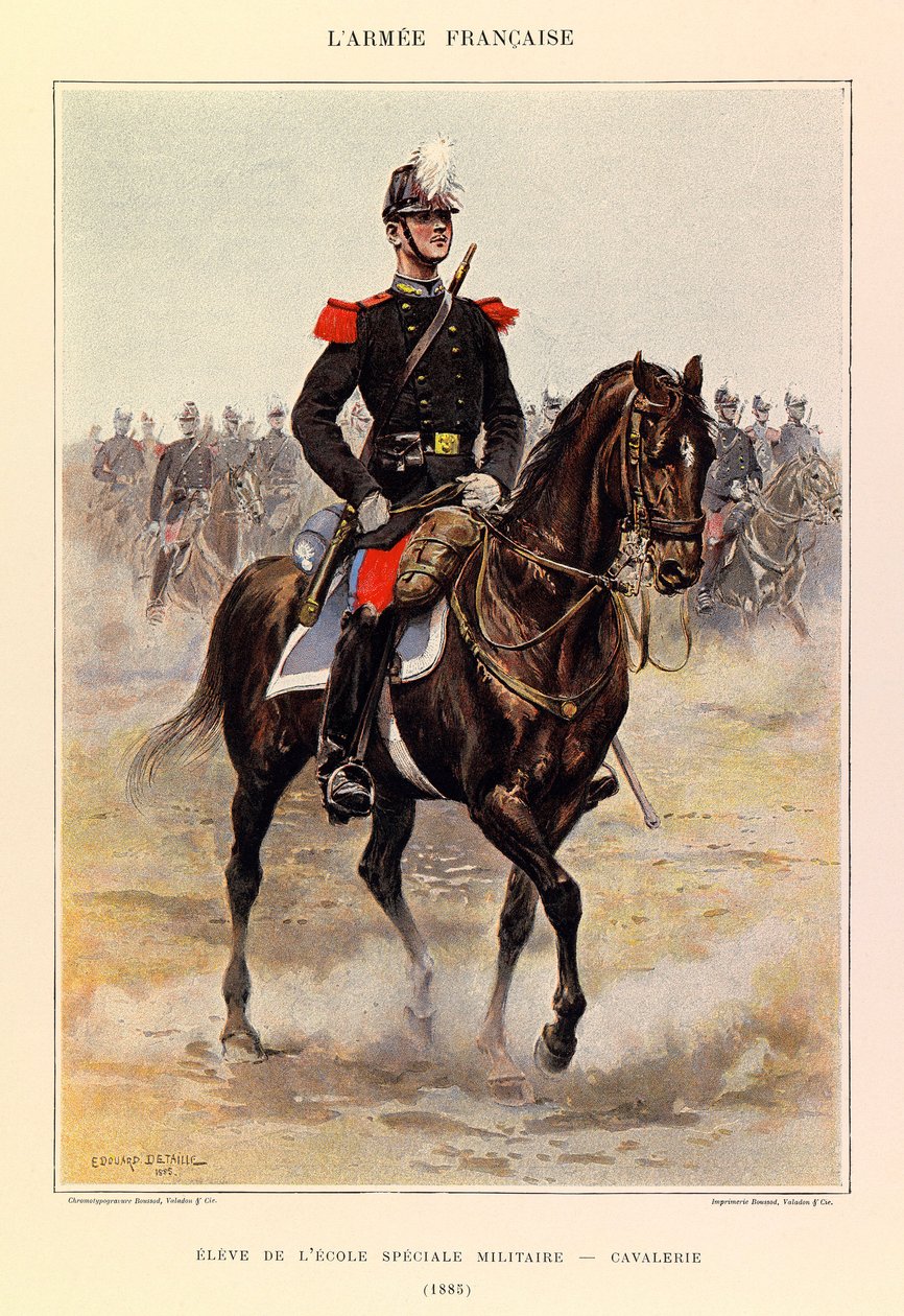 Typer og uniformer til den franske Armee of Captain Jules Richard, illustrert av Edouard Detaille (1848-1912): Elev ved spesialmilitærskolen: Kavaleri i 1885, Privat samling av Jean Baptiste Edouard Detaille