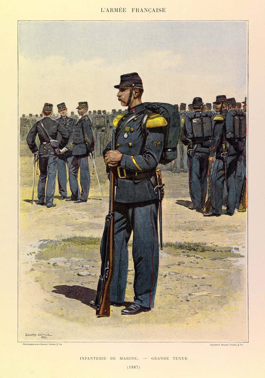 Typer og uniformer av den franske Armee of Captain Jules Richard, illustrert av Edouard Detaille (1848-1912): Infantry of Marine in Great Dress in 1887, Private Collection av Jean Baptiste Edouard Detaille