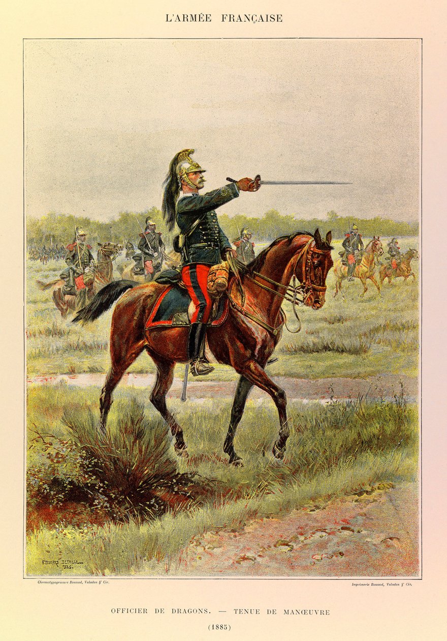 Typer og uniformer til den franske arméen til kaptein Jules Richard, illustrert av Edouard Detaille (1848-1912): Dragenes offiser i manøverdrakt i 1885, privat samling av Jean Baptiste Edouard Detaille