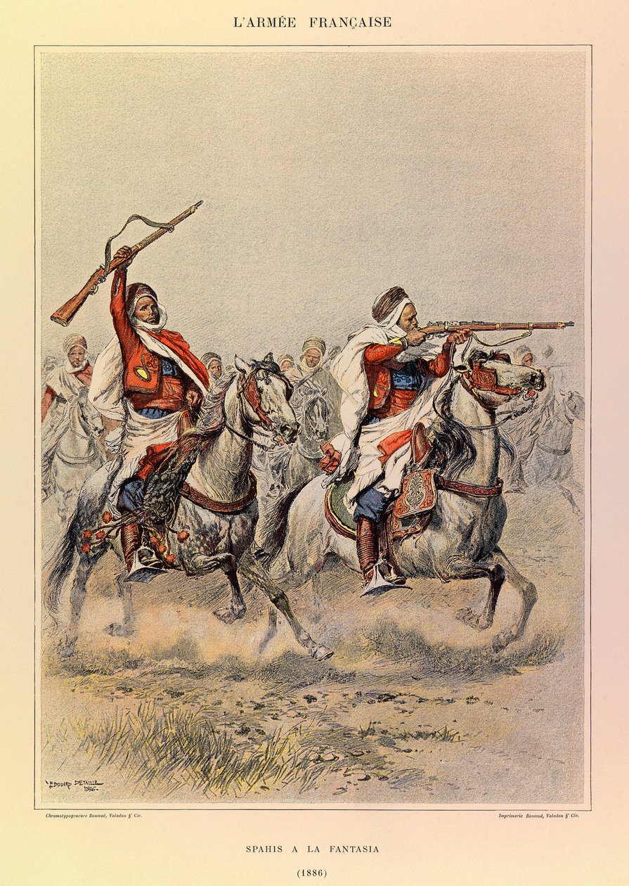 Typer og uniformer av den franske Armee av kaptein Jules Richard, illustrert av Edouard Detaille (1848-1912): Spahis a la Fantasia i 1886, privat samling av Jean Baptiste Edouard Detaille