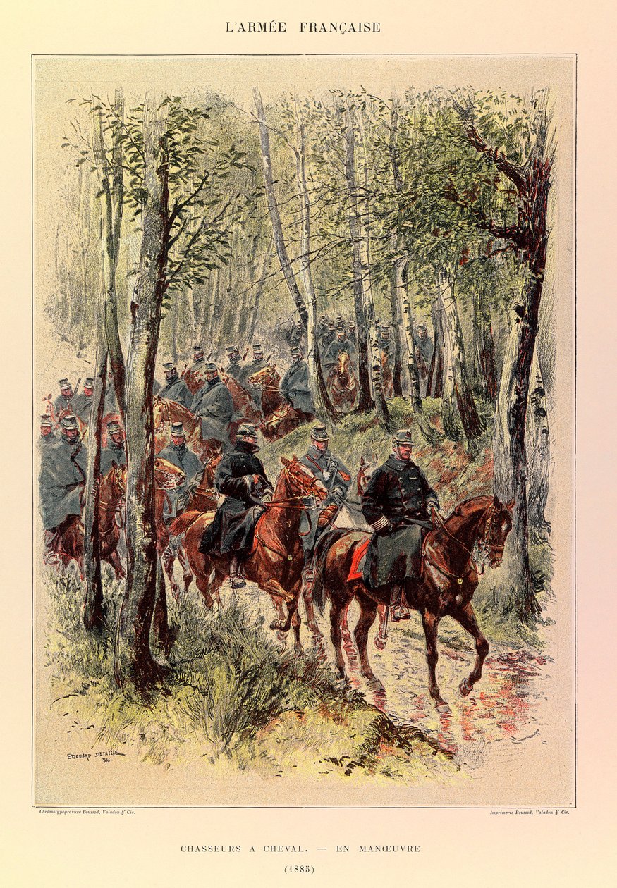 Typer og uniformer til den franske Armee of Captain Jules Richard, illustrert av Edouard Detaille (1848-1912): Hunters a horse in maneuver in 1885, Private Collection av Jean Baptiste Edouard Detaille