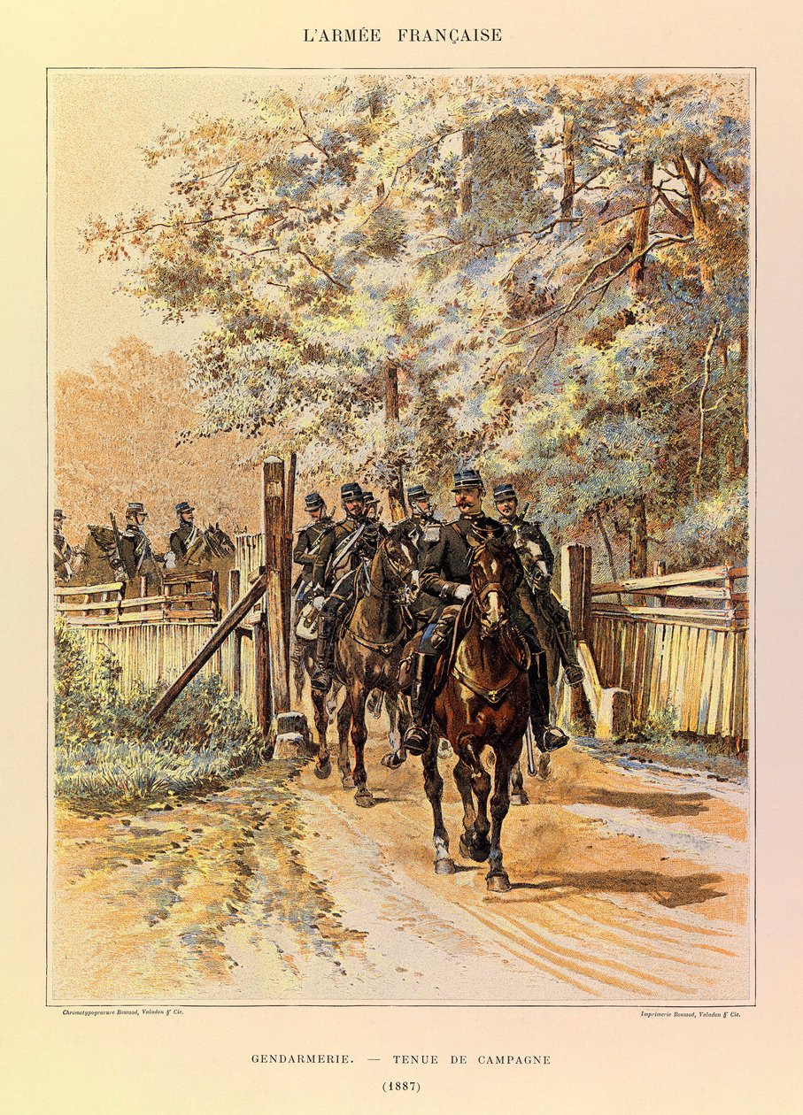 Typer og uniformer til den franske Armee of Captain Jules Richard, illustrert av Edouard Detaille (1848-1912): Gendarmerie in Field Dress in 1887, Private Collection av Jean Baptiste Edouard Detaille