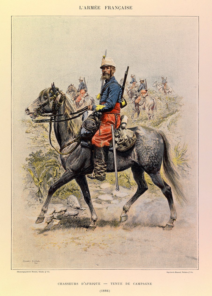 Typer og uniformer av den franske Armee of Captain Jules Richard, illustrert av Edouard Detaille (1848-1912): Hunters of Africa in Country Dress in 1886, Private Collection av Jean Baptiste Edouard Detaille