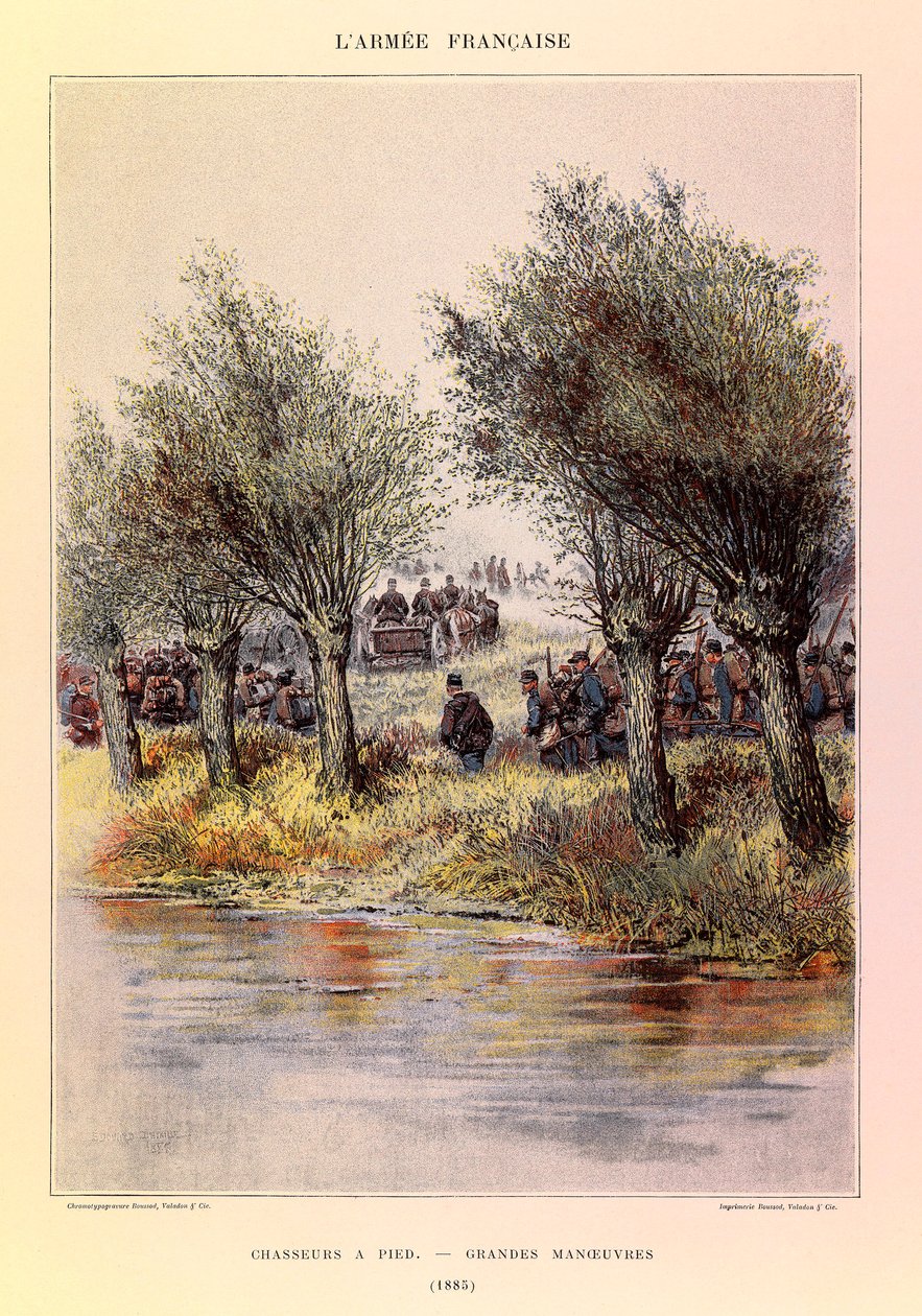 Typer og uniformer av den franske Armee av kaptein Jules Richard, illustrert av Edouard Detaille (1848-1912): Jegere til fots; de store manøvrene i 1885, Privatsamling av Jean Baptiste Edouard Detaille