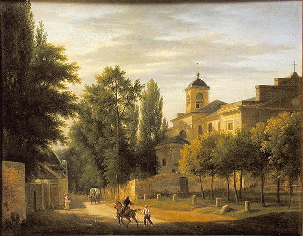 Utsikt over kirken Ville dAvray ca. 1820 av Jean Baptiste Gabriel Langlace