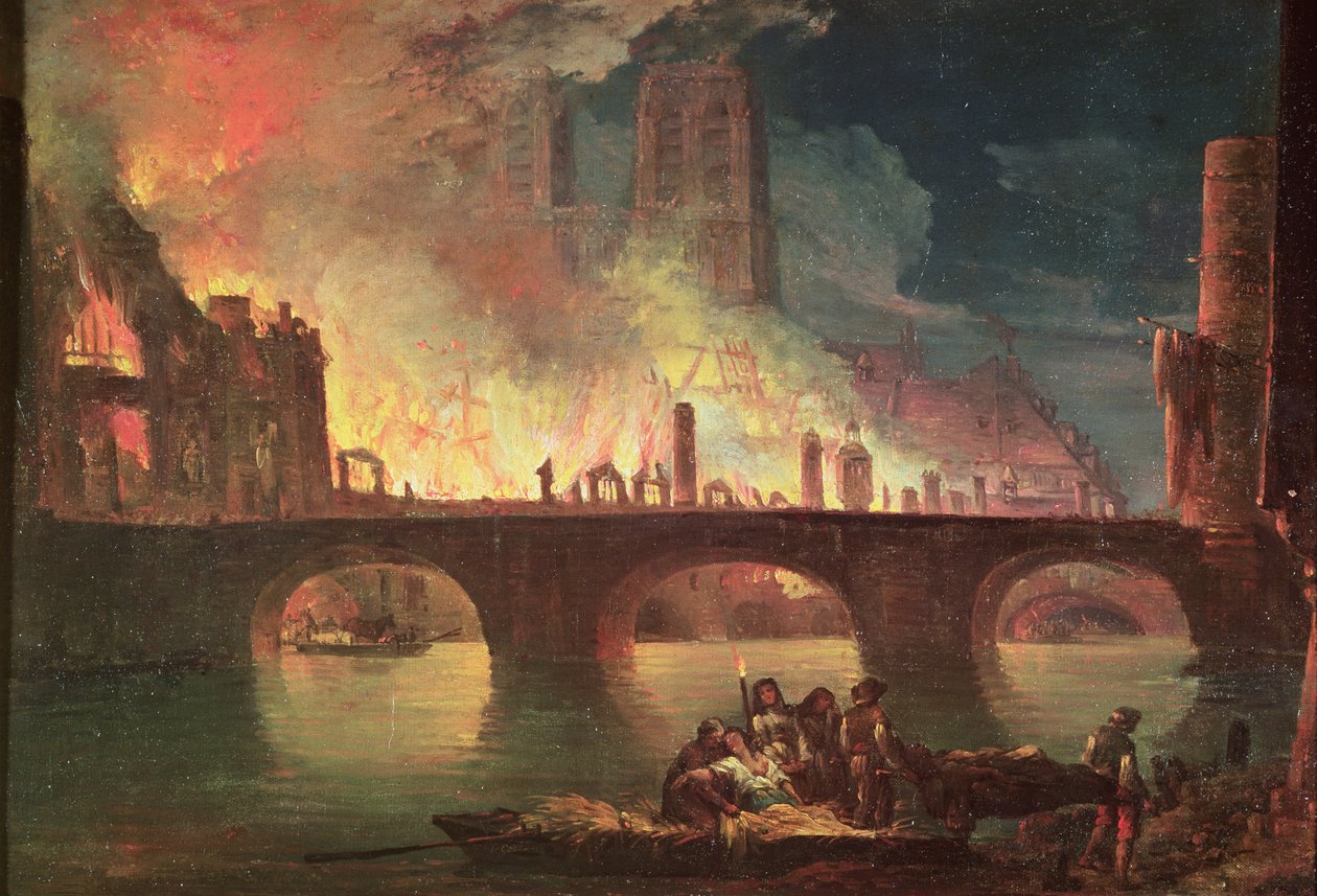 En brann på Hotel-Dieu i 1772 av Jean Baptiste Genillion