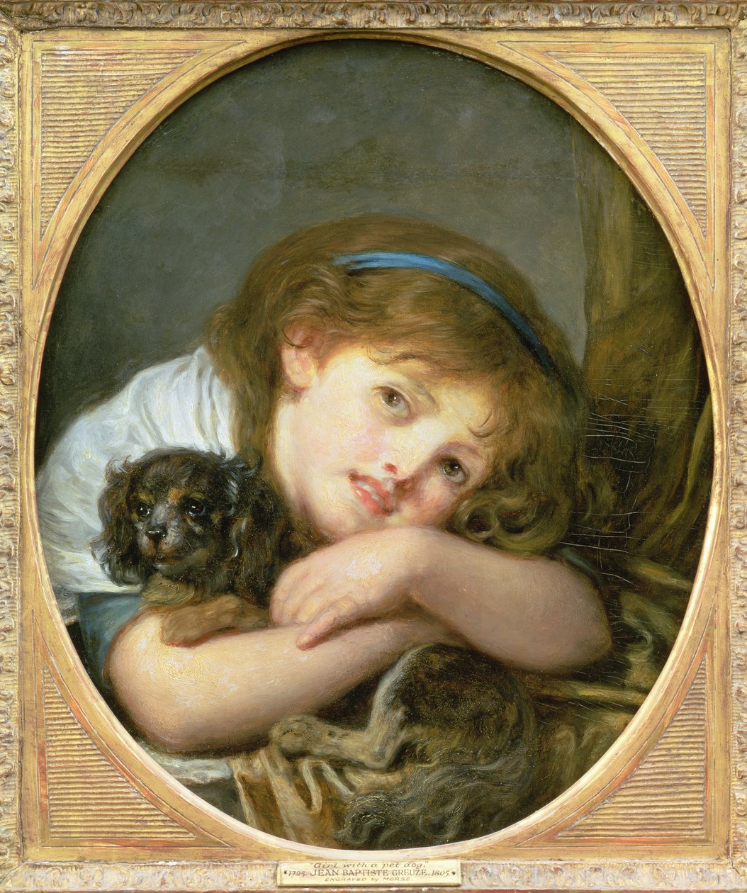 En jente med en hund (olje på panel) av Jean Baptiste Greuze
