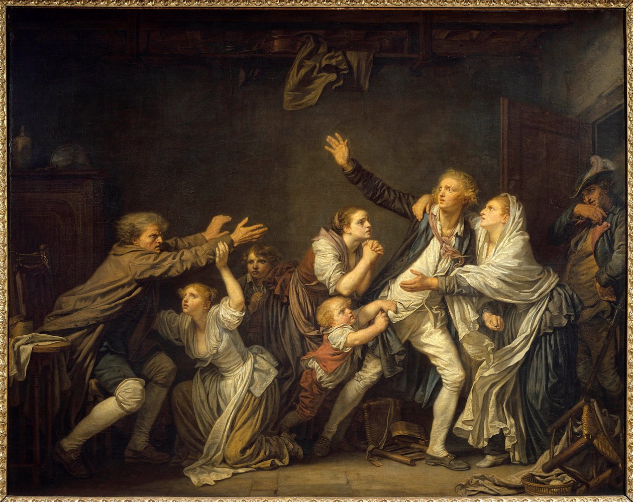 En far nekter for at sønnen hans er tvunget til å forlate familiens hjem. Maleri av Jean Baptiste Greuze (1725-1805) 1777 Søn. 1,30 x 1,62 m av Jean Baptiste Greuze