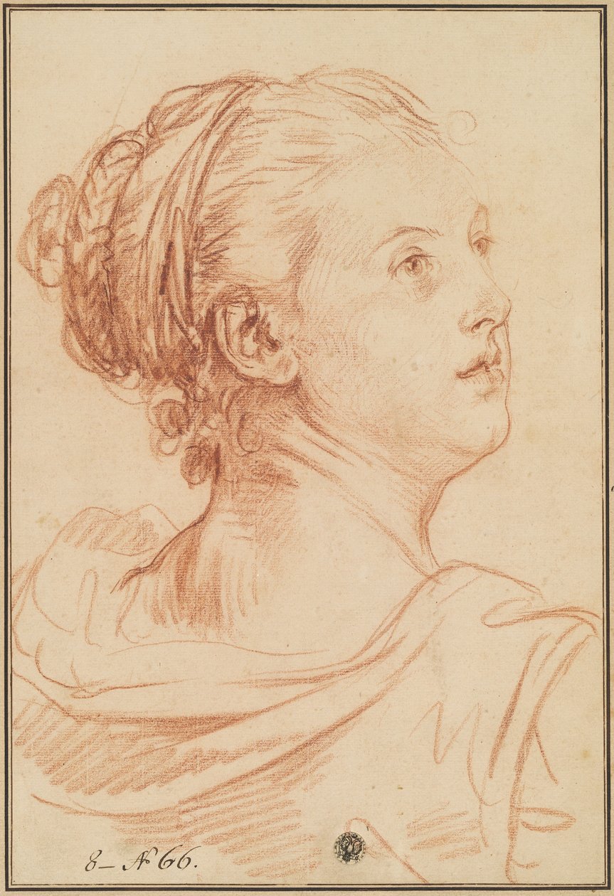 Hodet til en kvinne som ser tilbake over skulderen hennes av Jean Baptiste Greuze