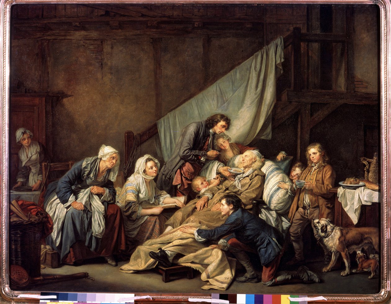 ""The Filial Piety or the Paralytic Rescued by His Children"" (Filial Piety (The Paralytic)) Maleri av Jean Baptiste Greuze (1725-1805) 1763 Dim. 115x146 cm Eremitagemuseet, St. Petersburg av Jean Baptiste Greuze