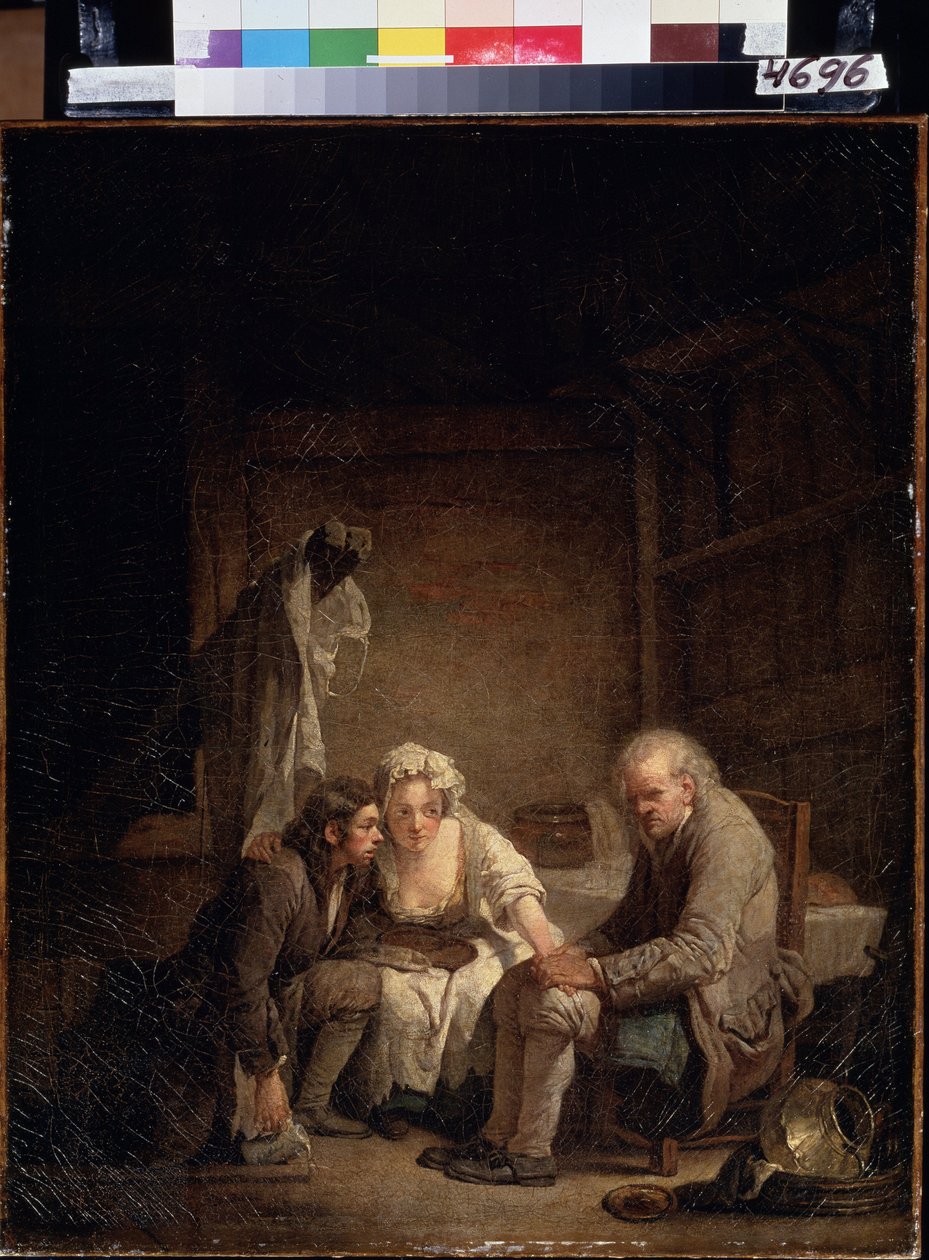 ""The Blind Man Deceives"" (Blind Man Deceived). Ærlig mann offer for lureri, svindel og mangel på ærlighet. Maleri av Jean Baptiste Greuze (1725-1805) rundt 1755. Olje på lerret. Rokokko. Pushkin-museet, Moskva av Jean Baptiste Greuze