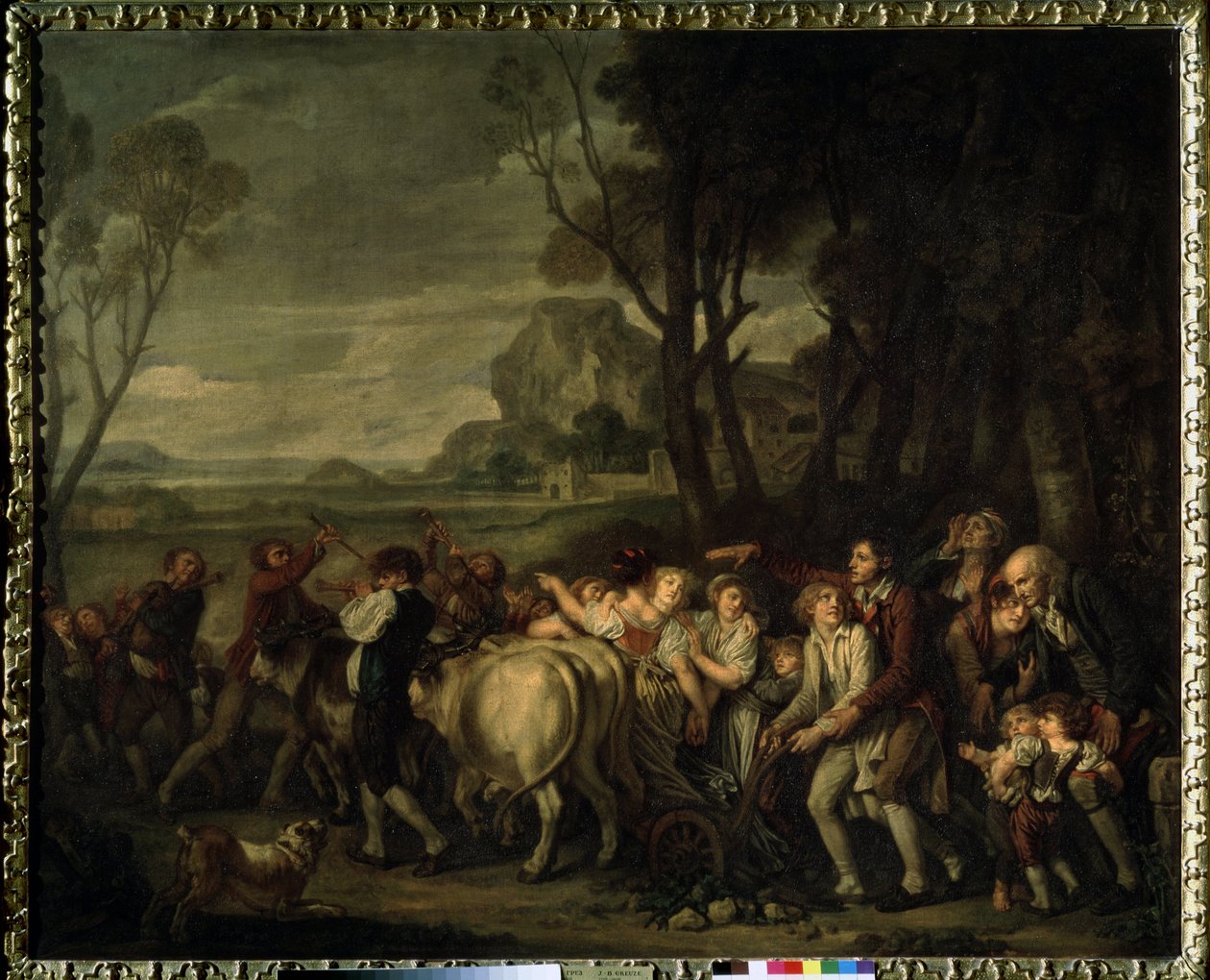 ""Den første furen"" (Den første furen) Bondefestival arrangert i anledning sporingen av den første furen som ble gravd under begynnelsen av pløyingen. Maleri av Jean Baptiste Greuze (1725-1805) 1801 Pushkin-museet, Moskva av Jean Baptiste Greuze