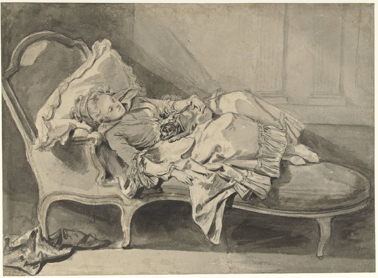 Madame Greuze på en sjeselong med hunden sin av Jean Baptiste Greuze