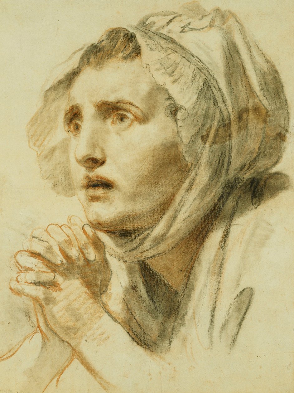 Portrett av en kvinne, bystelengde, i en panser, med hendene sammen, av Jean Baptiste Greuze