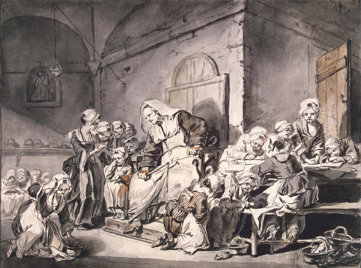 Skolelærer par Greuze, Jean-Baptiste (1725-1805). Penn, pensel, grå og brun farge, akvarell på papir, størrelse: 27,8x33,8, ca 1764-1765, State Hermitage, St. Petersburg av Jean-Baptiste Greuze